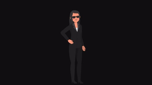 High resolution 2d cartoon female character in black suit talking on alpha channel background in seamless loop.