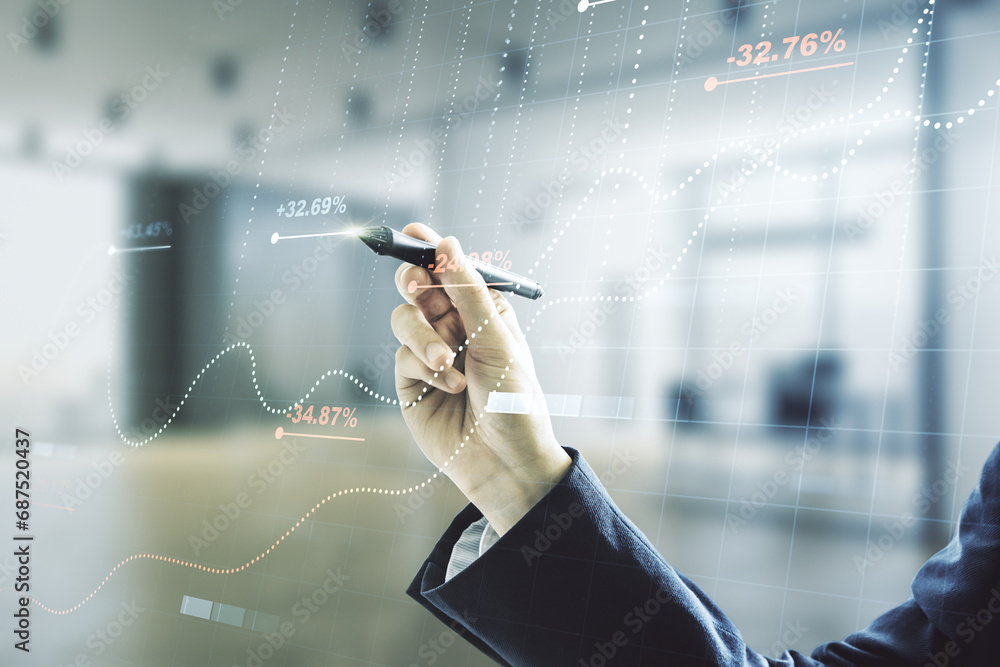 Poster Multi exposure of male hand with pen working with abstract statistics data hologram interface on blurred office background, computing and analytics concept