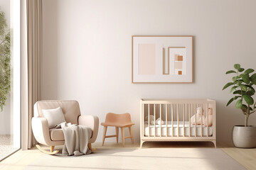 A mock up frame in minimalist nursery room with crib and armchair