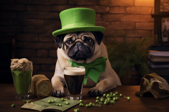 A cute puggle wearing a green cylinder on his head and sitting next to a glass of beer. A concept for a St. Patrick's Day celebration.