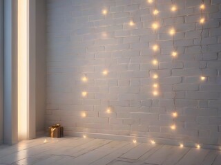 White brick wall christmas background with shiny lights. Generative AI
