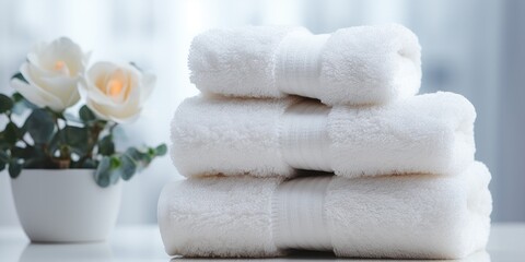 Fototapeta na wymiar White clean towels in the bathroom close-up. Generative AI