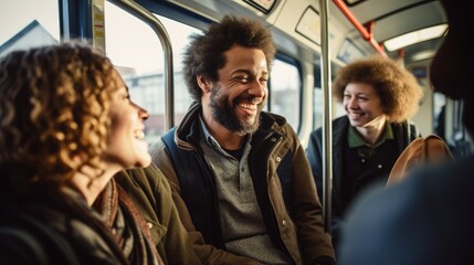 A man smiling broadly on a tram, engaged in a cheerful conversation with friends during a sunny commute in the city.