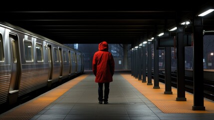 Individual in a red jacket standing alone on a train platform at night, with the glow of lights and a stationary train alongside.