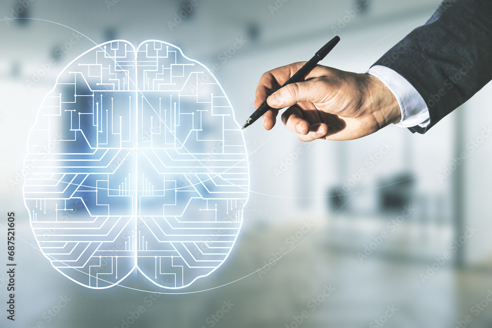 Poster double exposure of man hand with pen working with creative artificial intelligence interface on blur