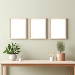 three wooden empty frame on table,mockup style,Scandinavian Home Interior Design with Simple Wooden Frames and Houseplants