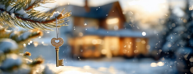 An ornate key with a heart design hangs in a wintry scene, symbolizing the new ownership of a cozy home - obrazy, fototapety, plakaty