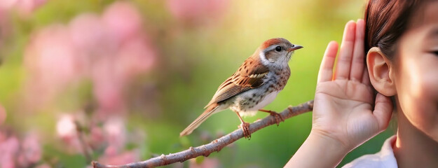 Close-up of a person cupping their ear next to a sparrow, representing the struggle of hearing loss and tinnitus - obrazy, fototapety, plakaty