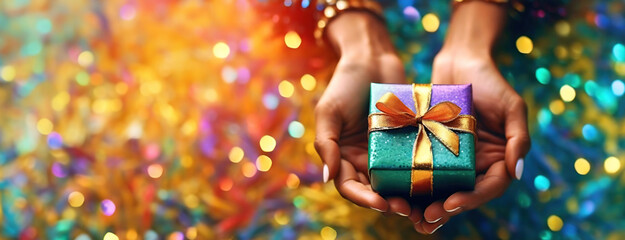 Fototapeta na wymiar Hands presenting a gift box with a golden ribbon, against a bokeh background full of festive colors, evoking a sense of celebration and surprise