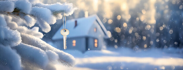 A key hangs on a frosty tree branch with a warm, inviting house in a snowy landscape in the...