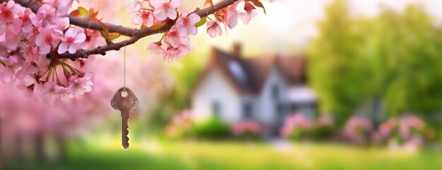 Key hangs on blooming spring tree against country house background. Cherry blossom in green garden landscape . Real estate, moving home or renting property concept. - obrazy, fototapety, plakaty