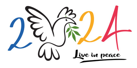 Illustration d’une colombe tenant dans son bec un rameau d’olivier, pour souhaiter une année 2024 sous le signe de la paix dans le monde. - obrazy, fototapety, plakaty