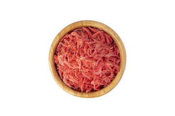 dried shrimp in wooden bowl isolated on white background with clipping path.Top view