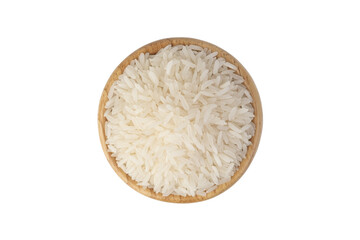 uncooked Thai jasmine rice in wooden bowl isolated on white background with Clipping Path
