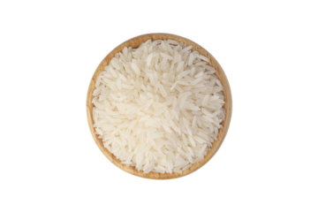 uncooked Thai jasmine rice in wooden bowl isolated on white background with Clipping Path