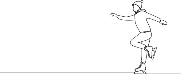 continuous single line drawing of person ice skating as leisure activity, line art vector illustration