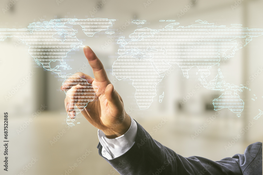 Poster multi exposure of man hand working with abstract graphic world map on blurred office background, con
