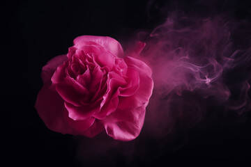 Fantasy pink rose - pink smoke - pink mist - pink fog - black background  - Powered by Adobe
