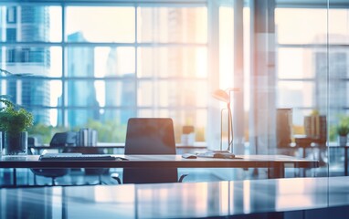 Fototapeta premium Blurred Panoramic City View with Beautiful Lighting from Modern Office Window