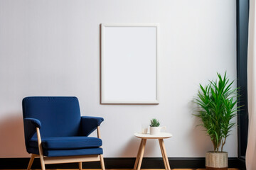 Poster mockup in white frame on wall