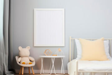 Poster mockup in a white frame on the wall of a children's room