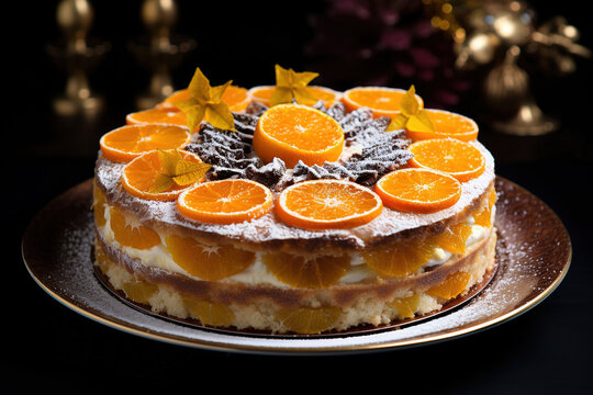 Galetta. Christmas open fruit cake with mandarins