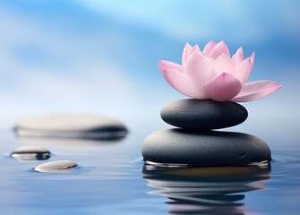 Fototapeta na wymiar Spa still life in Zen culture style with pink flower and clam blue water and clear sky background.