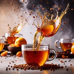 Fresh cup of brewed tea, dynamic food photo with splash effect