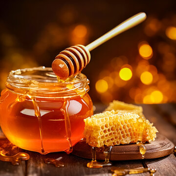 Honey in a jar and honeycombs on a wooden background. 