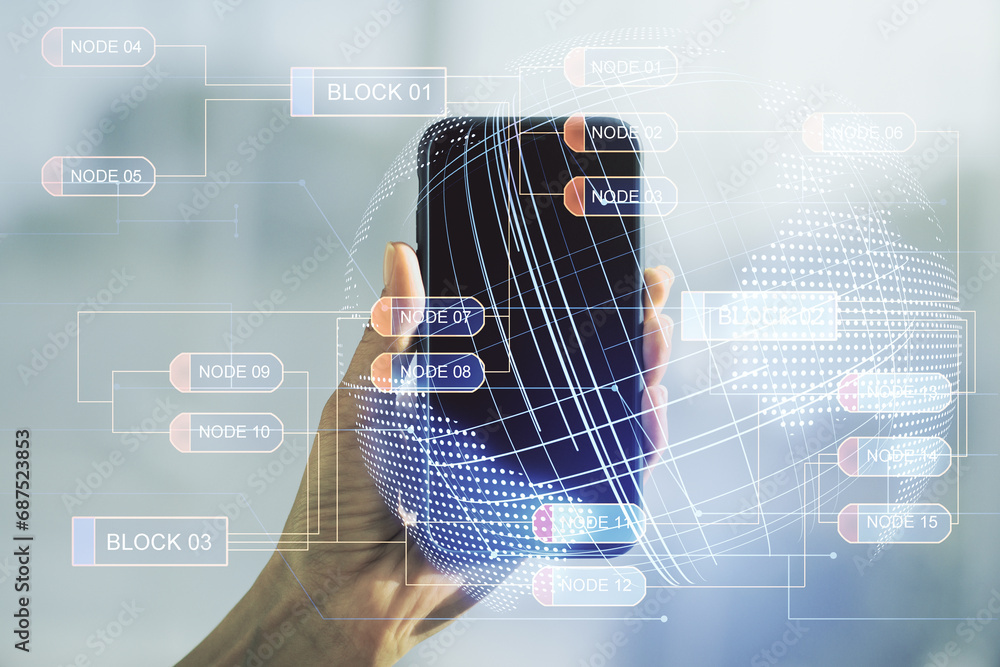 Poster Abstract creative coding illustration with world map and hand with mobile phone on background, international software development concept. Multiexposure