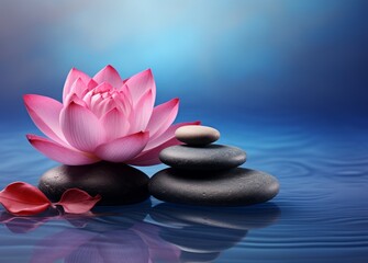 Fototapeta na wymiar Spa still life in Zen culture style with pink flower and clam blue water and white sand background.