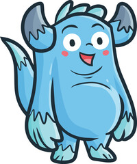 Cool blue fat monster with grey horn cartoon illustration