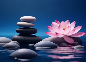 Spa still life in Zen culture style with pink flower and clam blue water and white sand background.