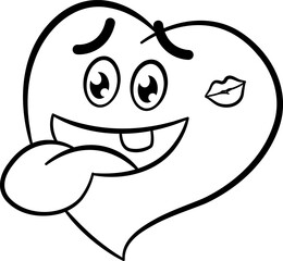 Happy Cartoon Heart for Coloring Page. Emotions Faces. Character with Tongue Sticking Out. Loving Heart. Vector Illustration for Valentines Day.