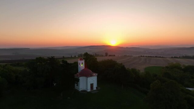 Aerial view of the church in the town of Slavkov u Brna in the Czech Republic - sunrise
