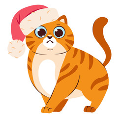 Cute playful Christmas cat. A cat in a festive Santa Claus hat. Cartoon flat vector illustration.