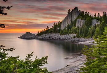 Sunset Symphony: Ontario's Sleeping Giant Provincial Park Coastal Serenade - obrazy, fototapety, plakaty