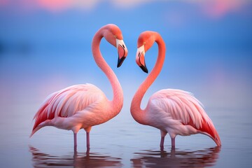 Two pink flamingos are standing in the water.