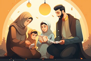 Happy muslim family meetup, colorful illustration.