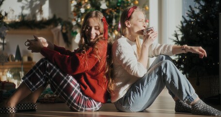 Obraz premium Two Female Friends Talking During Christmas Relaxing Preparing For Xmas Time