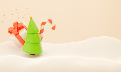 Christmas background for banner, postcard, promotions. Christmas background framed with gift boxes, Christmas tree decorations, candy canes, fir trees, confetti. Realistic 3d render 