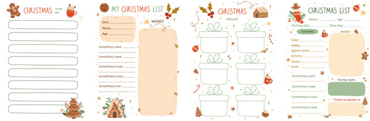 Christmas wishes list template collection. Printable pages set decorated tasty gingerbread cookies, house Vector gift planner, notes, schedule, planner, checklist, notebook. Secret Santa lists.