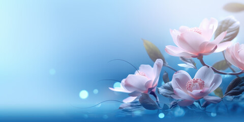 Soft pink flowers on blue abstract background. The concept highlights serene beauty.