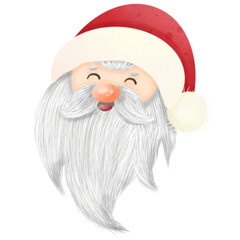 Cartoon drawing of Santa's face, happy at Christmas.