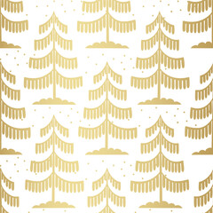 Christmas tree gold seamless pattern. Winter forest graphic Noel print, New year holidays golden decoration, background with fir tree, wallpaper, wrapping paper design, gift wrap.