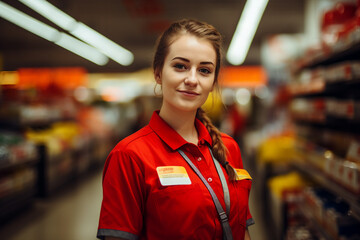 Generative AI picture of cheerful woman working as a cashier in a grocery store