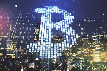 Double exposure of creative Bitcoin symbol hologram on San Francisco office buildings background....