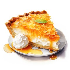 Slice of apple pie with whipped cream and caramel on white background. Watercolor illustration.