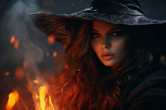 AI generated image of beautiful character witch with fire spell on halloween night
