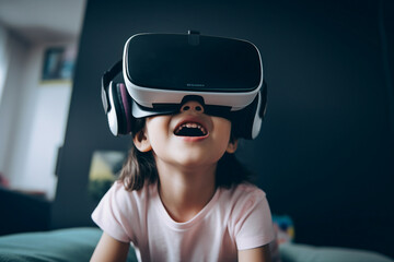 Youngster watching 3d object in virtual world fun cheerful vr glasses goggles generative ai